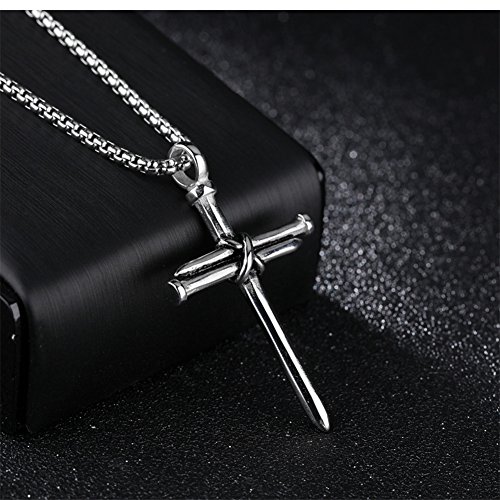 HIJONES Hombres De Acero Inoxidable Clavo Cruz Encanto Colgante Collar Cadena 22 Pulgadas, Plata Pulida