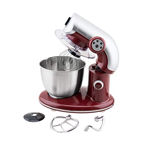 H.Koenig KM80 Batidora Amasadora Profesional, Potencia 1000 W, Capacidad 5.5 L, 4 Velocidades, hasta 2 Kg de Masa, Brazo con Cabeza Reclinable y Móvil, Acero Inoxidable, 80 dB, Color Rojo