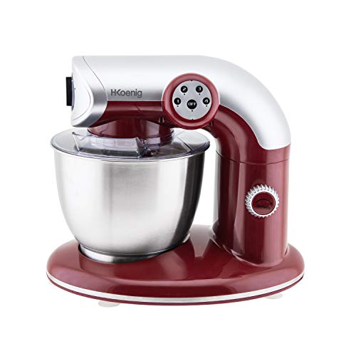 H.Koenig KM80 Batidora Amasadora Profesional, Potencia 1000 W, Capacidad 5.5 L, 4 Velocidades, hasta 2 Kg de Masa, Brazo con Cabeza Reclinable y Móvil, Acero Inoxidable, 80 dB, Color Rojo