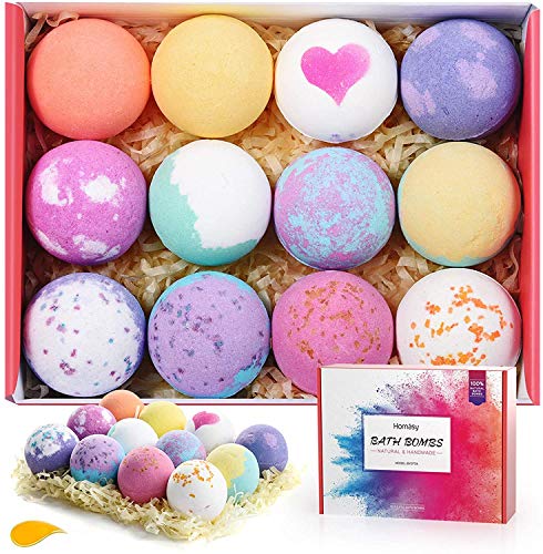 Homasy Bombas de Baño, Set de Regalo de Bomba de Baño de 12 Piezas con Aceites Esenciales Naturales, Manteca de Karité, Sal Marina, Efervescentes