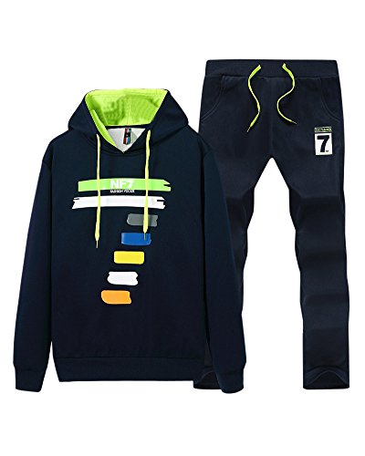 Hombres Chándal 2 Piezas Conjuntos Deportivos Manga Larga Cremallera Sudaderas con Capucha + Pantalones Azul Marino M