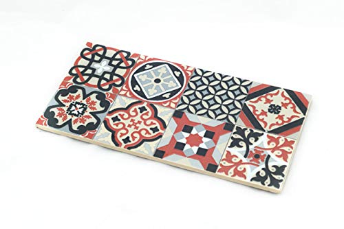 HostelNovo - Set de 4 baldosas hidráulicas para Decorar Mesa y presentar Alimentos - Cerámica - Bandejas Decorativas - Fabricado en España - Producto Único - Rojo, Azul, Gris y Marrón
