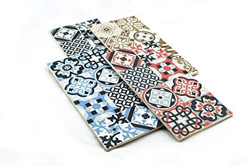 HostelNovo - Set de 4 baldosas hidráulicas para Decorar Mesa y presentar Alimentos - Cerámica - Bandejas Decorativas - Fabricado en España - Producto Único - Rojo, Azul, Gris y Marrón
