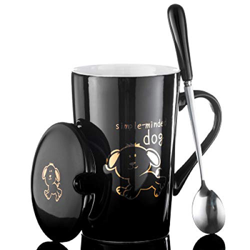HRDZ Taza Fina Taza de café 12 Zodiac Opcional Creativa Encantadora Taza de cerámica Pareja Taza de Beber Taza de Dibujos Animados Cuchara con Tapa Leche café Taza de Personalidad K 420ml