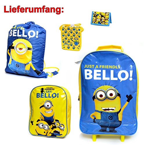 HSP Himoto Juego de 5 piezas de bolsa de viaje de Minions compuesto de ruedas de viaje, mochila, bolsa, bolso y cartera, en diseño original, nuevo