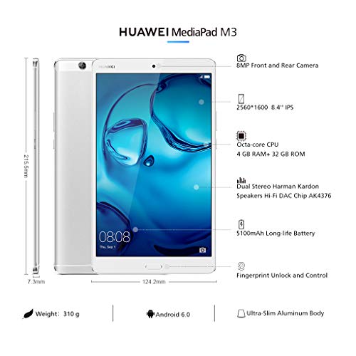 Huawei MediaPad M3 - Tablet de 8.4" (Procesador Octa Core Kirin 950, Memoria Interna de 32 GB, 4 GB RAM, Cámara de 8 Mp, Android 6.0), Color Plateado