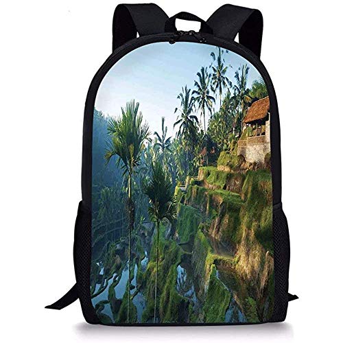 Hui-Shop Mochilas Escolares Decoración balinesa, Terraza Campos de arroz Palmeras Granja Tradicional Mañana Amanecer Ver Bali Indonesia, Verde