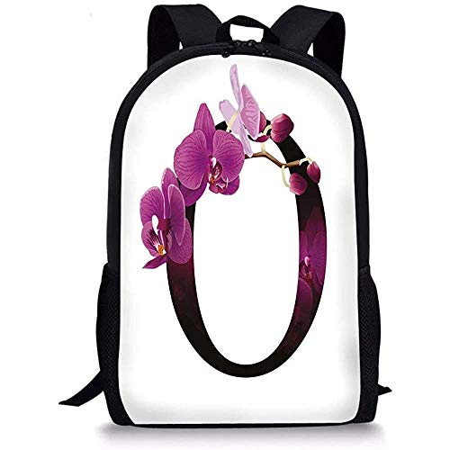 Hui-Shop Mochilas Escolares Letra O, Letra O del Alfabeto con diseño de orquídeas de Flores con Elementos Naturales, Negro Fucsia para niños niñas