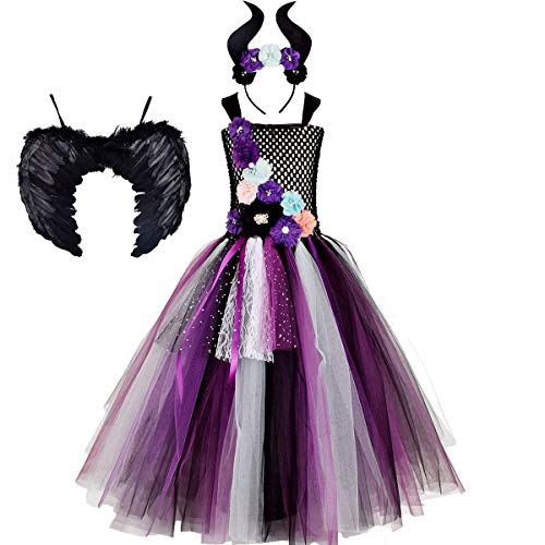 IBTOM CASTLE Disfraz Infantil de Maléfica Bruja Vampiresa Payaso Niña Princesa Vestido con Devil Horns Tutú Tul Ropa de Fiesta Actuación Halloween 03-Negro 7-8 Años