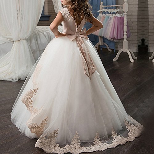 IBTOM CASTLE Vestido de niña de Flores para la Boda Niñas Niños Largo Gala Encaje De Ceremonia Fiesta Elegantes Comunión Paseo Baile Pageant #9 Beige + Blanco 8-9 años