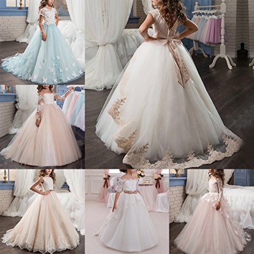 IBTOM CASTLE Vestido de niña de Flores para la Boda Niñas Niños Largo Gala Encaje De Ceremonia Fiesta Elegantes Comunión Paseo Baile Pageant #9 Beige + Blanco 8-9 años