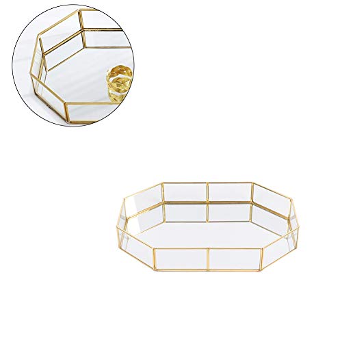 iHOMIKI Bandeja de Metal de Maquillaje Cristal de la Vendimia del Organizador del almacenaje de la joyería de la Placa de Espejo de Cristal Bandeja Hecha a Mano Decorativo del hogar Polígono Tipo S