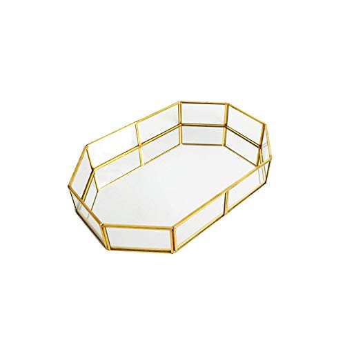 iHOMIKI Bandeja de Metal de Maquillaje Cristal de la Vendimia del Organizador del almacenaje de la joyería de la Placa de Espejo de Cristal Bandeja Hecha a Mano Decorativo del hogar Polígono Tipo S