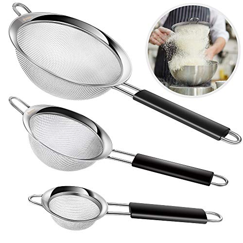 IPOW colador de malla fina, paquete de 3 coladores profesionales de malla superfina con mango reforzado para tamizar harina, fideos, azúcar glaseado, quinoa, café, zumo, té, etc.