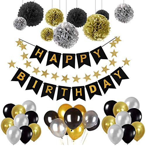 Jekind Decoraciones de Fiesta de Cumpleaños para Niñas y Niños, Pancarta Dorada con 30 Globos de Látex, 9 Pompones de Papel Tisú, Guirnalda de Papel Estrella de 2M de Longitude
