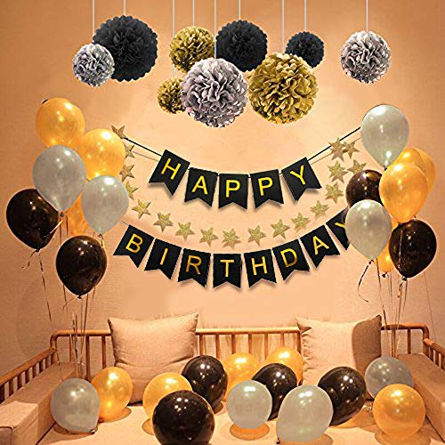 Jekind Decoraciones de Fiesta de Cumpleaños para Niñas y Niños, Pancarta Dorada con 30 Globos de Látex, 9 Pompones de Papel Tisú, Guirnalda de Papel Estrella de 2M de Longitude