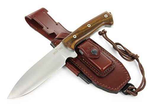 JEO-TEC Nº39 - Nuevo CELTIBERO - Cuchillo Supervivencia Caza Monte bushcraft Camping Outdoor Campo - Funda de Piel con pedernal y Piedra afilar incluidos - Acero MOVA 58 - Fabricado en España