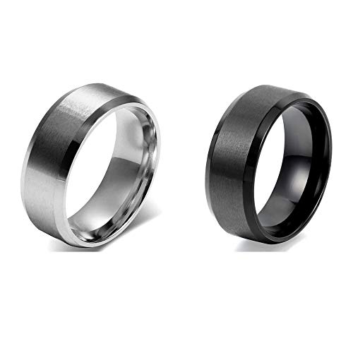 JewelryWe Anillo de Hombre Mujer Unisex, 8mm Anillo Clásico de Boda Compromiso, Acero Inoxidable, Estilo Mecánico Minimalista (Negro+Plateado, 10)