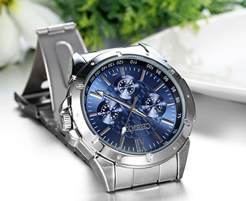JewelryWe Hombre del Reloj, Display Azul Puntero de Plata, Plata Pulsera de Acero Inoxidable