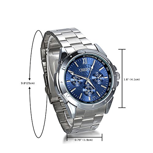 JewelryWe Hombre del Reloj, Display Azul Puntero de Plata, Plata Pulsera de Acero Inoxidable