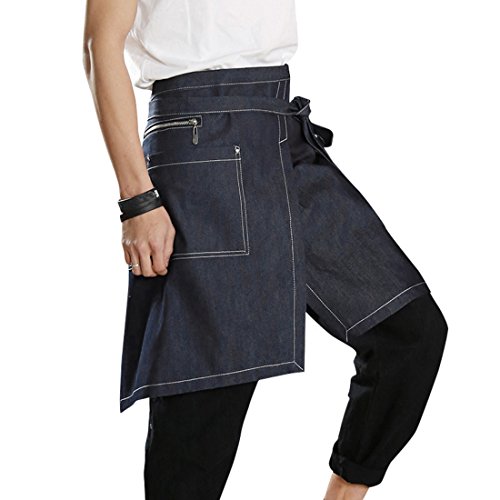 Jiyaru Delantal de Medio-Longitud de Trabajo de Denim con Bolsillos Delantal de la Moda de camareros para cocinar