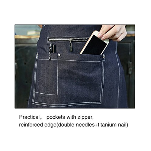 Jiyaru Delantal de Medio-Longitud de Trabajo de Denim con Bolsillos Delantal de la Moda de camareros para cocinar