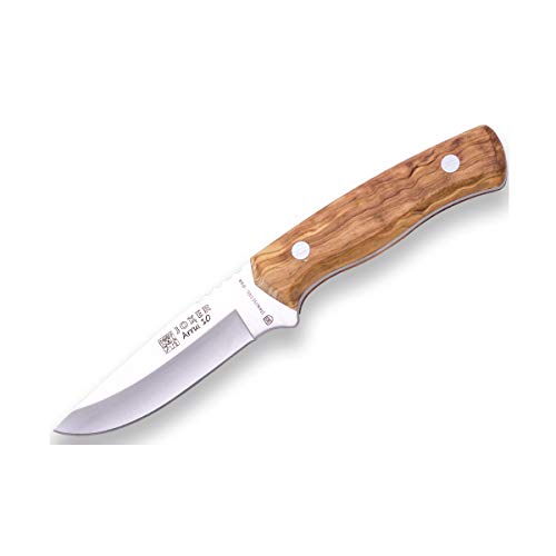 Joker Cuchillo Bushcraft Enterizo Arrui 10" CO60, Hoja de 10 cm, Mango de Madera de Olivo, Incluye Funda de Cuero marrón, Herramienta de Pesca, Caza, Camping y Senderismo