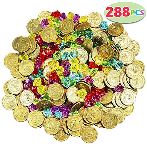 JOYIN 288pcs Monedas Doradas Piratas de Juguete para Niños de Halloween Fiesta Piratas Temáticas (144 Monedas + 144 Gemas)