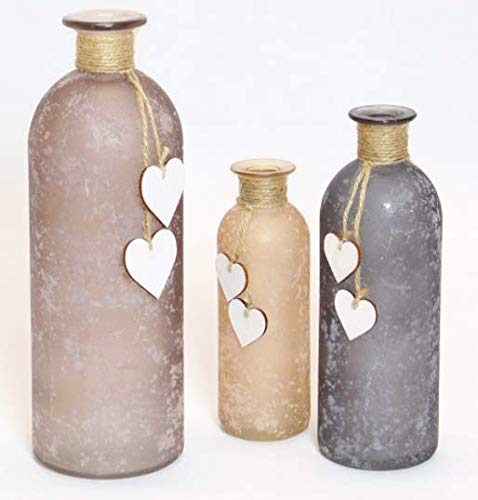 Juego de 3 botellas de decoración prémium – Color: tonos tierra – Vasos decorativos con corazones – Decoración de mesa Botella Jarrón de mesa botellas de decoración jarrones jarrones de cristal