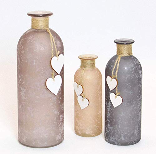 Juego de 3 botellas de decoración prémium – Color: tonos tierra – Vasos decorativos con corazones – Decoración de mesa Botella Jarrón de mesa botellas de decoración jarrones jarrones de cristal
