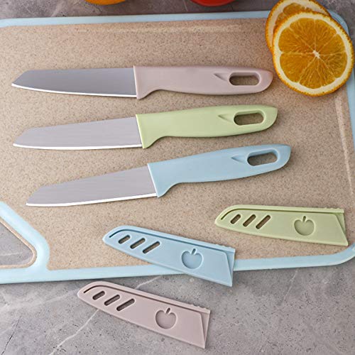 Juego de 3 cuchillos de fruta, afilados y duraderos con cubierta protectora, apto para la mayoría de tipos de verduras y frutas (rosa, azul, verde)