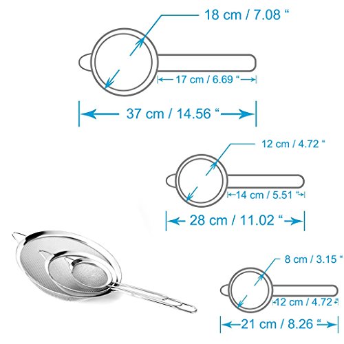 Juego de colador de alimentos de malla de alambre para cocina, de acero inoxidable para pasta, arroz, sifa, harina, azúcar, glaseado, glaseado, 8,12 y 18 cm