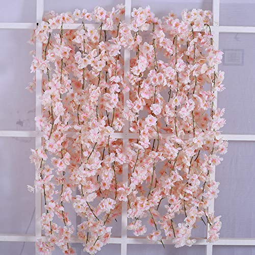 JUN-H Simulación Flor de Cerezo Guirnalda Planta Artificial Colgante Vid Flor Guirnalda Fiesta de la Boda Fiesta Familiar Guirnalda Cerca Decoración 2 Piezas 180cm (Polvo Blanco)