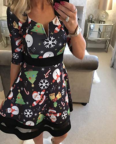 Kai&Guo Vestido Estampado navideño Mujer 2020 Otoño Invierno Gasa Empalmado Media Manga Cuello en V Alces Santa Claus Señoras Vestido de Fiesta de Cintura Alta, Navidad Ciervo, S