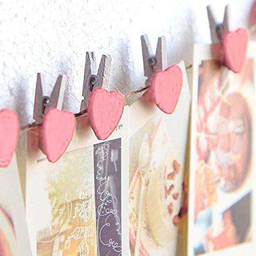 KEESIN Clips de Fotos de 100 piezas Pinzas de Madera Naturales Papel Fotográfico Clavijas en Forma de Corazón Craft Clips con Hilo de yute de 30 m (rosa)