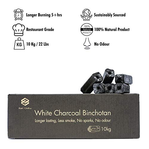 Ken Chiku Carbon Blanco Binchotan | 10kg De Briquetas para Barbacoa | Quema para Mucho Tiempo | Sin Humo Ni Olor | Carbón Grado Restaurante | Asegura Comida con Sabores Puros