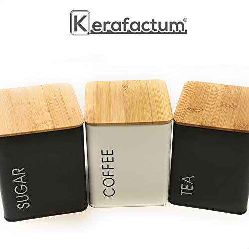 Kerafactum - Azucarero con tapa para té o café, estilo retro vintage, recipiente de metal en color blanco, tapa de bambú, junta de silicona
