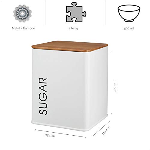Kerafactum - Azucarero con tapa para té o café, estilo retro vintage, recipiente de metal en color blanco, tapa de bambú, junta de silicona