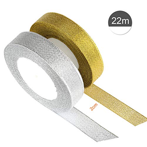 Kesote 2 Rollo de Cinta de Organza Dorada y Plata con Brillo para Regalo Decoración Navidad Boda Manualidades (2cm de Ancho)