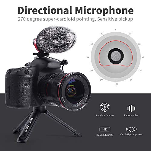 K&F Concept-Micrófono Condensador Portátil con Soporte para Móvil, Paraviento de Peluche, Mini Trípode, 2 Cables Jack 3.5mm, Micrófono Direccional para Teléfonos Móviles, pc, Cámara Refelx DSLR, Video