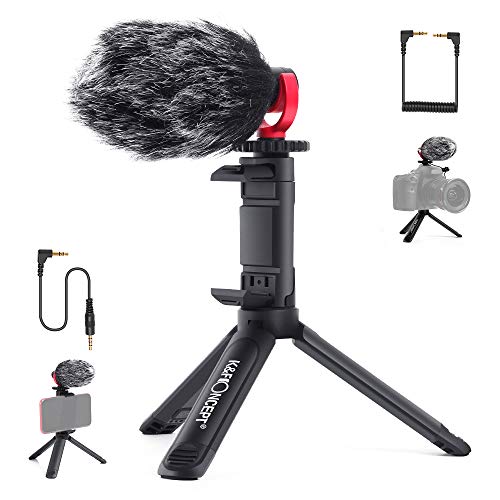 K&F Concept-Micrófono Condensador Portátil con Soporte para Móvil, Paraviento de Peluche, Mini Trípode, 2 Cables Jack 3.5mm, Micrófono Direccional para Teléfonos Móviles, pc, Cámara Refelx DSLR, Video