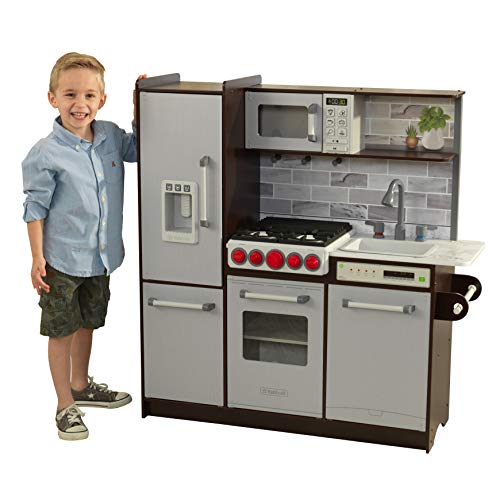 KidKraft- Cocina de juguete de madera, con luces, sonidos y máquina de hielo, montaje EZ Kraft Assembly, Play Kitchen Uptown Elite Espresso, Color Gris (53426)