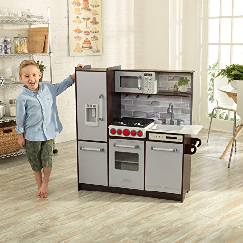 KidKraft- Cocina de juguete de madera, con luces, sonidos y máquina de hielo, montaje EZ Kraft Assembly, Play Kitchen Uptown Elite Espresso, Color Gris (53426)