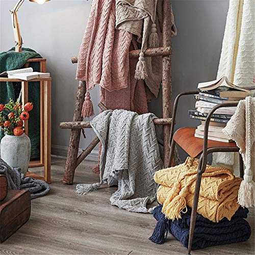 KIMCC Manta De Punto-Encantador Y Suave Funda De Sofá Cama,Lanzamiento Decorativo Casero con Borlas De Pompones,Se Puede Utilizar como Socio De Ocio/Viajes/Siesta/Cabecera,Beige