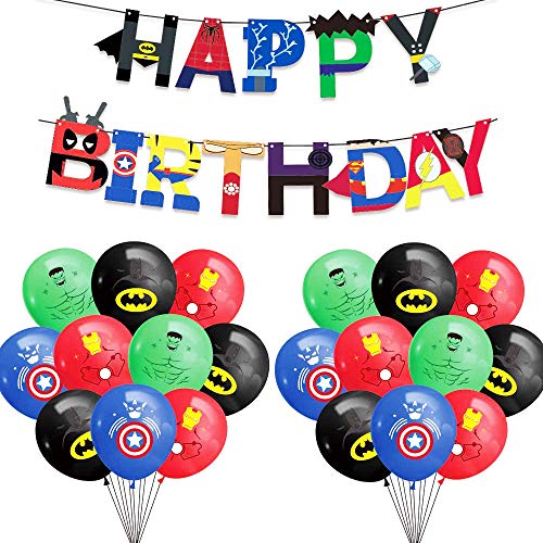 Kit de suministros de fiesta de superhéroe: guirnalda de cumpleaños de superhéroe, globos de látex, decoraciones de fiesta temáticas de superhéroe, favores de fiesta para cumpleaños de niños