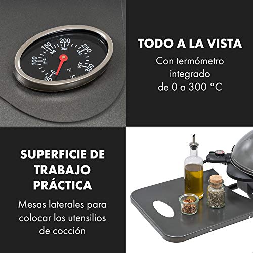 KLARSTEIN Tafelspitz Parrilla eléctrica - Grill con Tapa y Soporte, 1600 W, Plegable, Termómetro, Antiadherente, Placa para cocinar: 44 x 34 cm, Mesas Laterales, 2 Ruedecillas, Negro