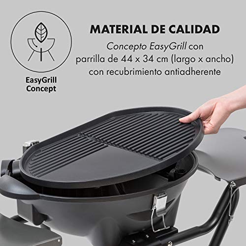 KLARSTEIN Tafelspitz Parrilla eléctrica - Grill con Tapa y Soporte, 1600 W, Plegable, Termómetro, Antiadherente, Placa para cocinar: 44 x 34 cm, Mesas Laterales, 2 Ruedecillas, Negro