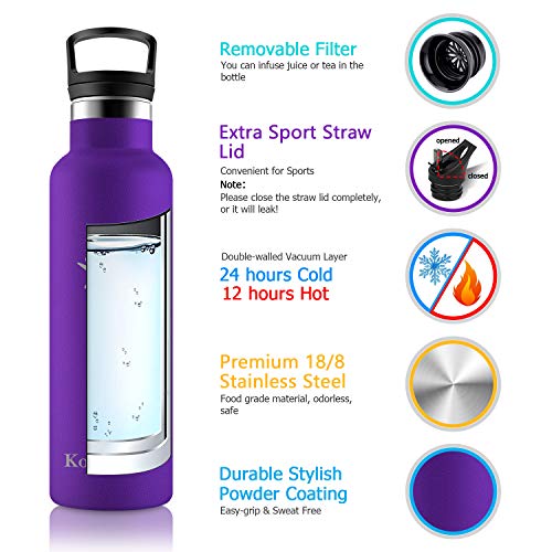 KollyKolla Botella de Agua Acero Inoxidable, Termo Sin BPA Ecológica Reutilizable, Botella Termica con Pajita y Filtro, Water Bottle para Niños & Adultos, Deporte, Oficina (350ml Morado Oscuro)