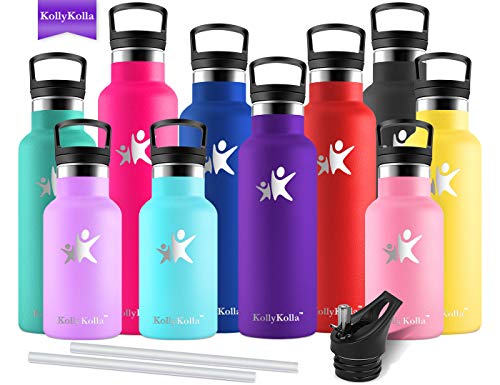 KollyKolla Botella de Agua Acero Inoxidable, Termo Sin BPA Ecológica Reutilizable, Botella Termica con Pajita y Filtro, Water Bottle para Niños & Adultos, Deporte, Oficina (350ml Morado Oscuro)