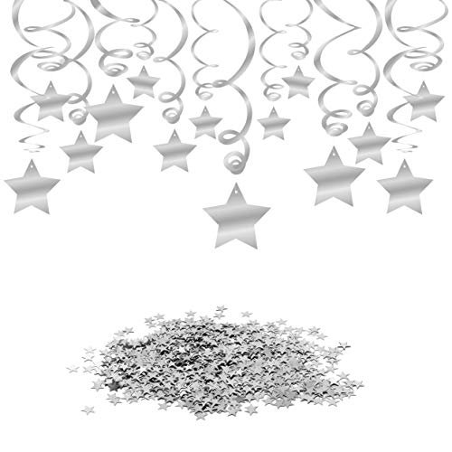 Konsait Guirnaldas Set 30pcs Plata Colgar Remolino decoración de Techo Colgantes Serpentinas emerillones Espiral & Confeti con Forma de Estrella (15g) para Boda, Cumpleaños Decoración de Fiesta